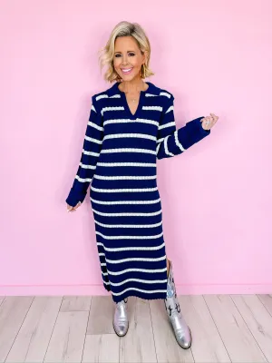 HUGHES KNIT STRIPE MIDI DRESS - NAVY