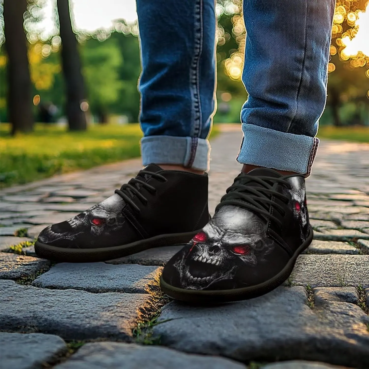 Jeiento Men's Gothic Skull Walking Shoes Wide Toe Barefoot Shoes Zero Drop Casual Sneakers