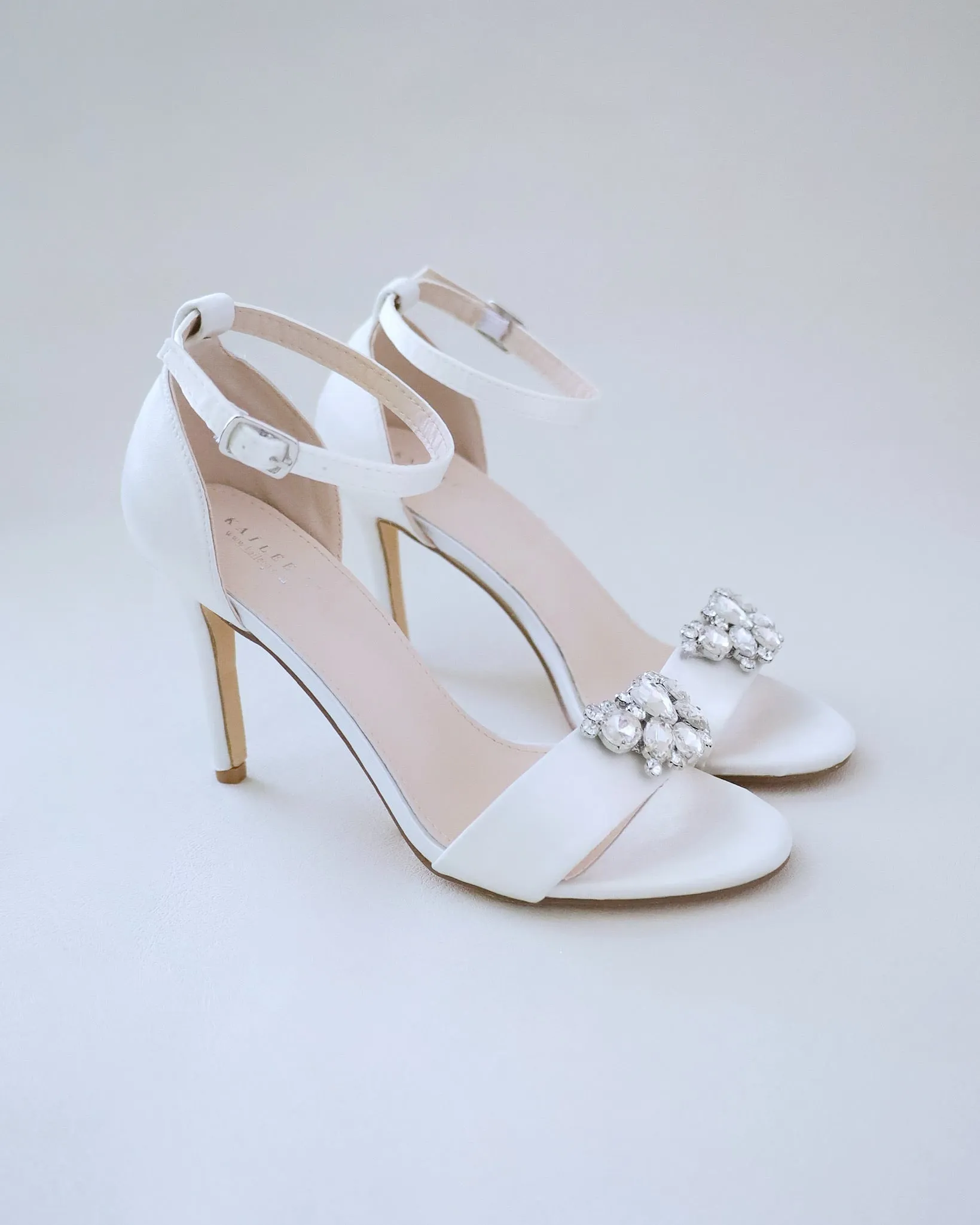 JOSKAA 2024 New Fashion High Heel Satin High Heel Wedding Sandals with Dewdrop Brooch
