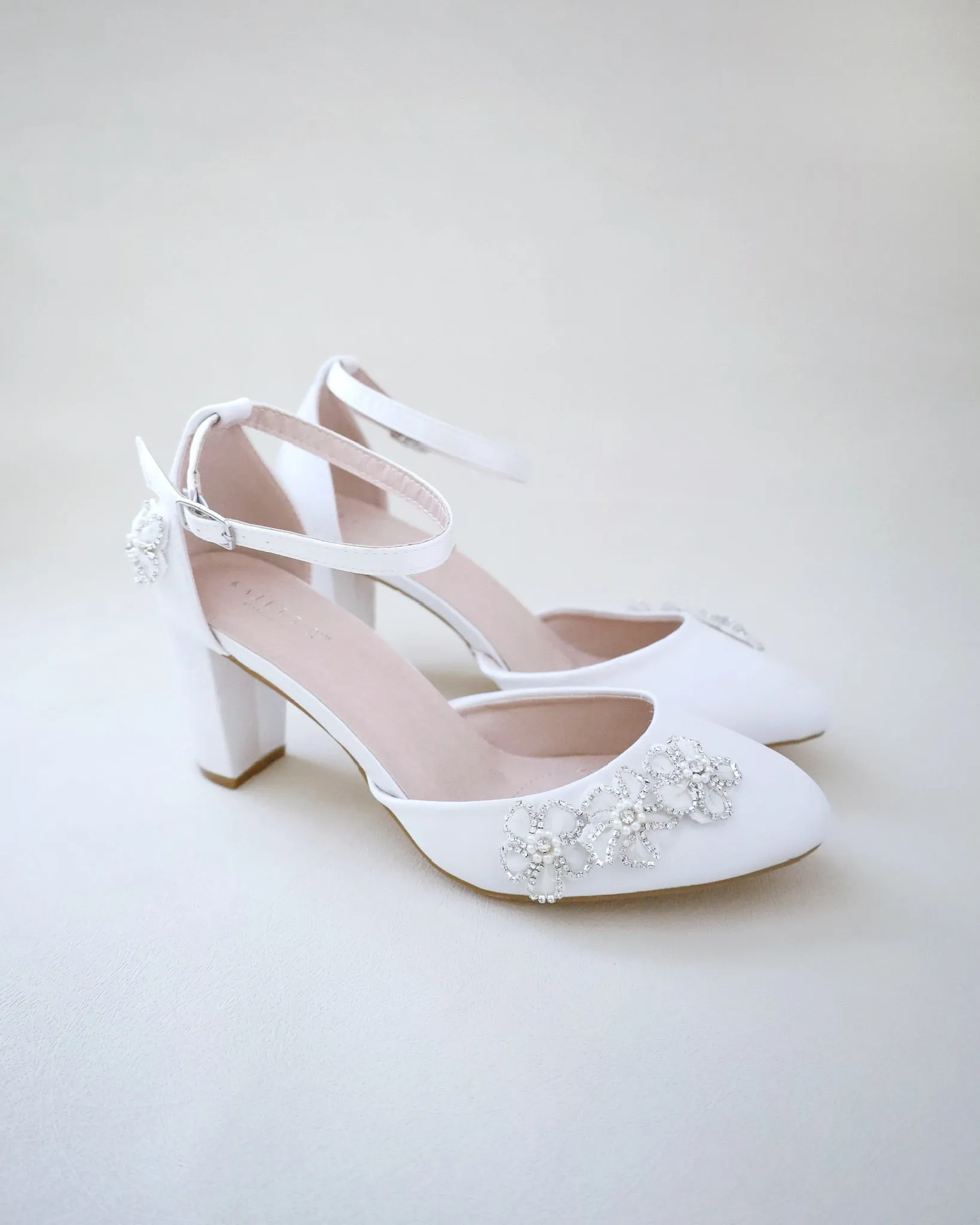JOSKAA 2024 New Fashion High Heel Satin Wedding Block Heel with Rhinestones  Chassia Flower