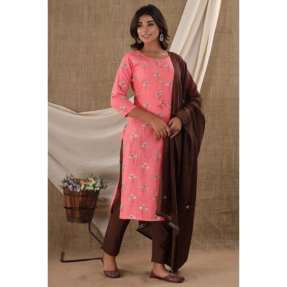 KAAJH Pink Floral Printed Cotton Suit (Set of 3)