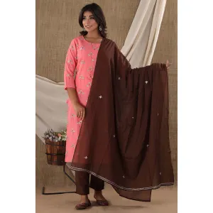 KAAJH Pink Floral Printed Cotton Suit (Set of 3)