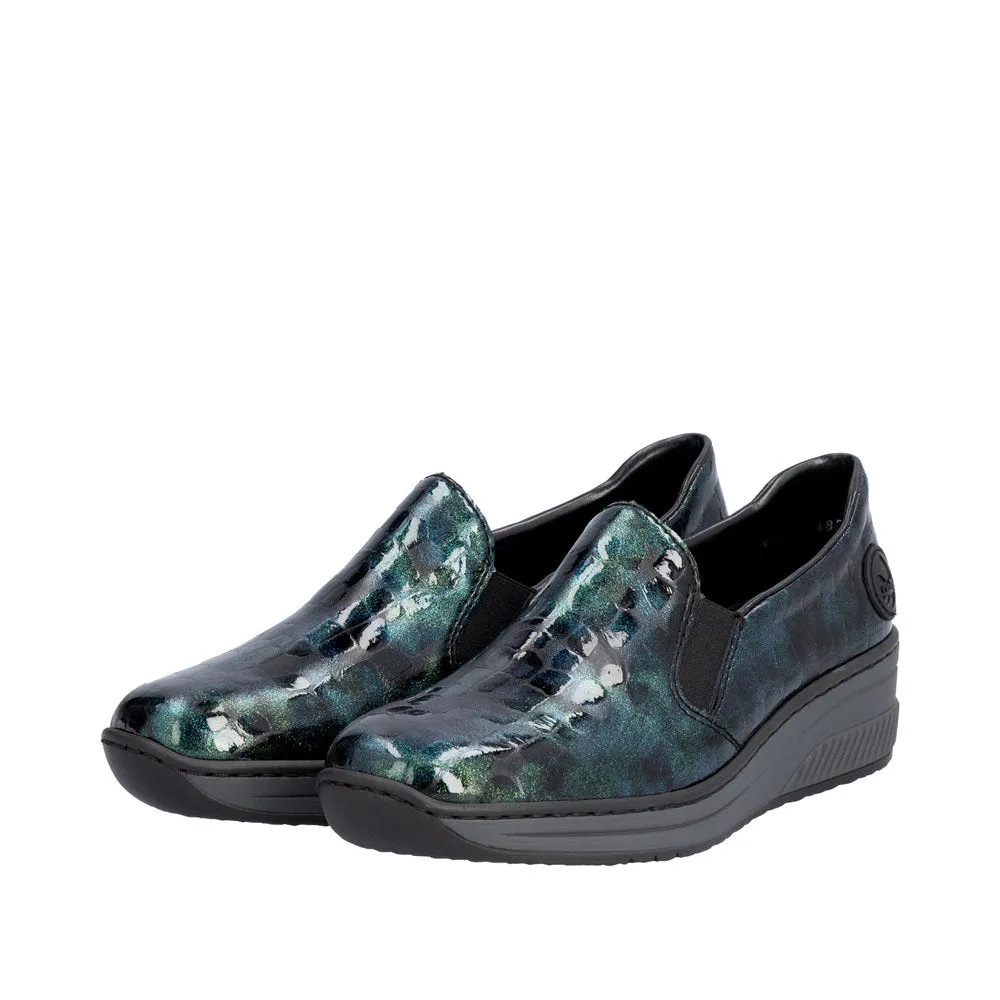 Ladies Rieker Blue/Green Patent Shoe Wedge Heel Slip-on 48752-92 sale