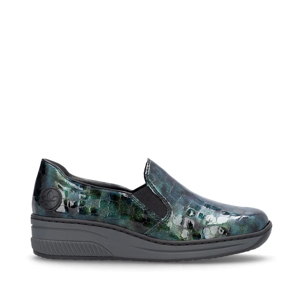 Ladies Rieker Blue/Green Patent Shoe Wedge Heel Slip-on 48752-92 sale