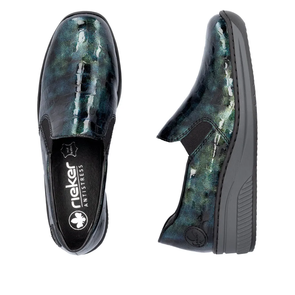 Ladies Rieker Blue/Green Patent Shoe Wedge Heel Slip-on 48752-92 sale