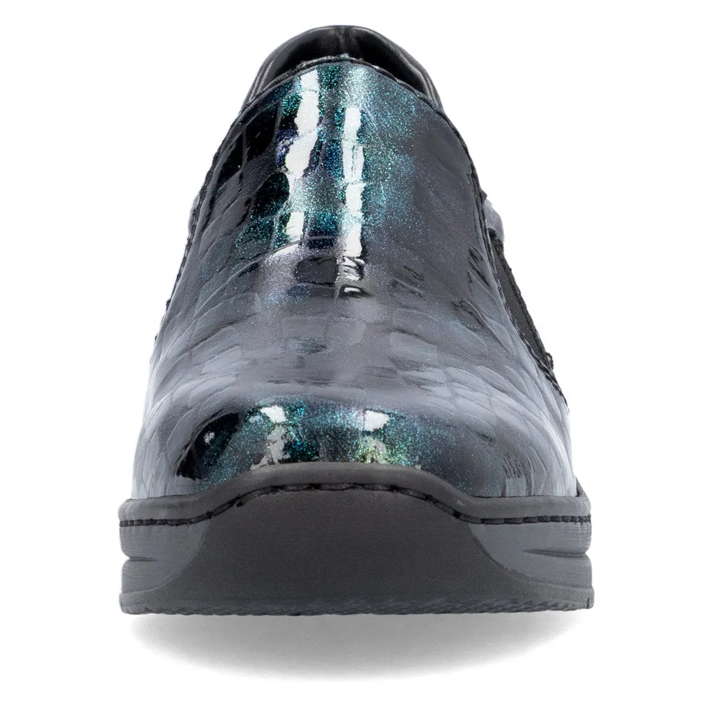 Ladies Rieker Blue/Green Patent Shoe Wedge Heel Slip-on 48752-92 sale