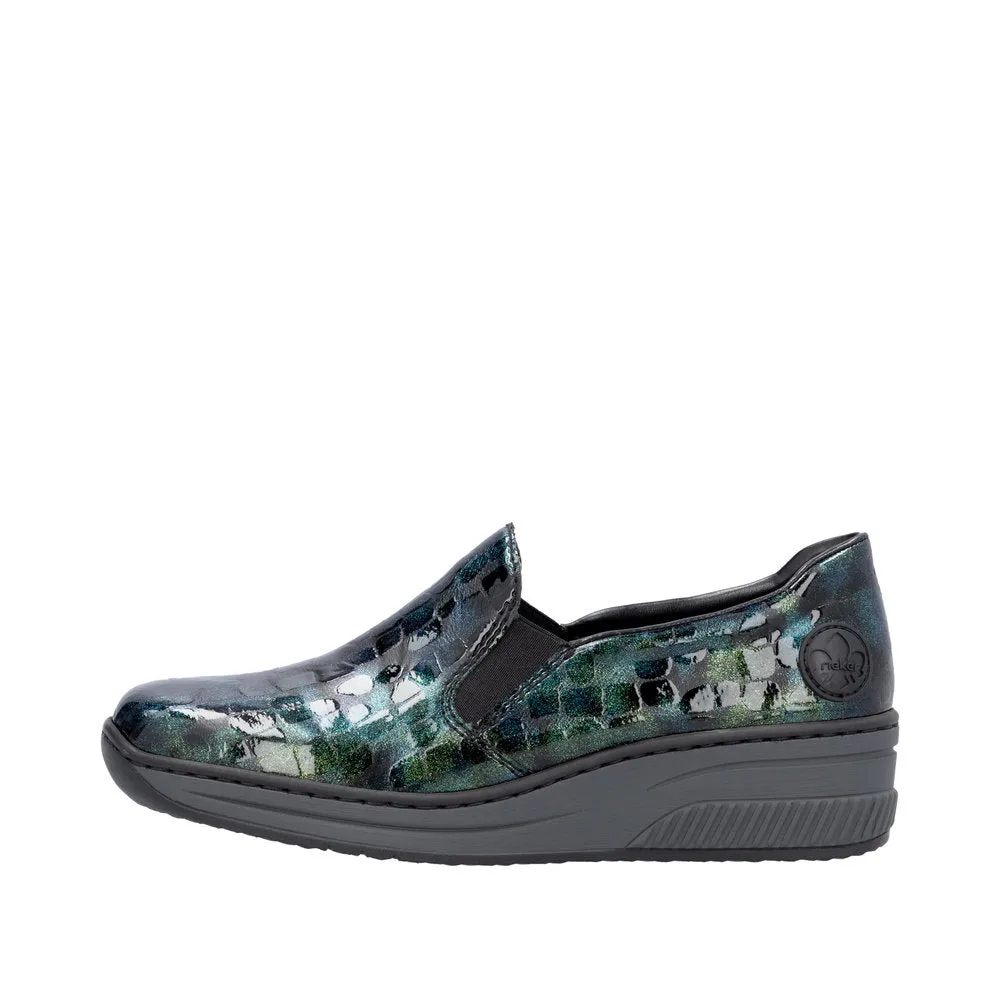 Ladies Rieker Blue/Green Patent Shoe Wedge Heel Slip-on 48752-92 sale