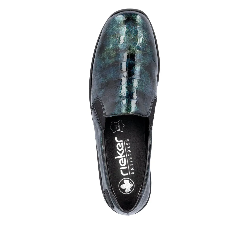 Ladies Rieker Blue/Green Patent Shoe Wedge Heel Slip-on 48752-92 sale