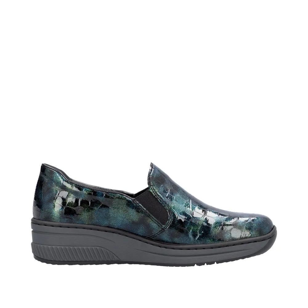 Ladies Rieker Blue/Green Patent Shoe Wedge Heel Slip-on 48752-92 sale