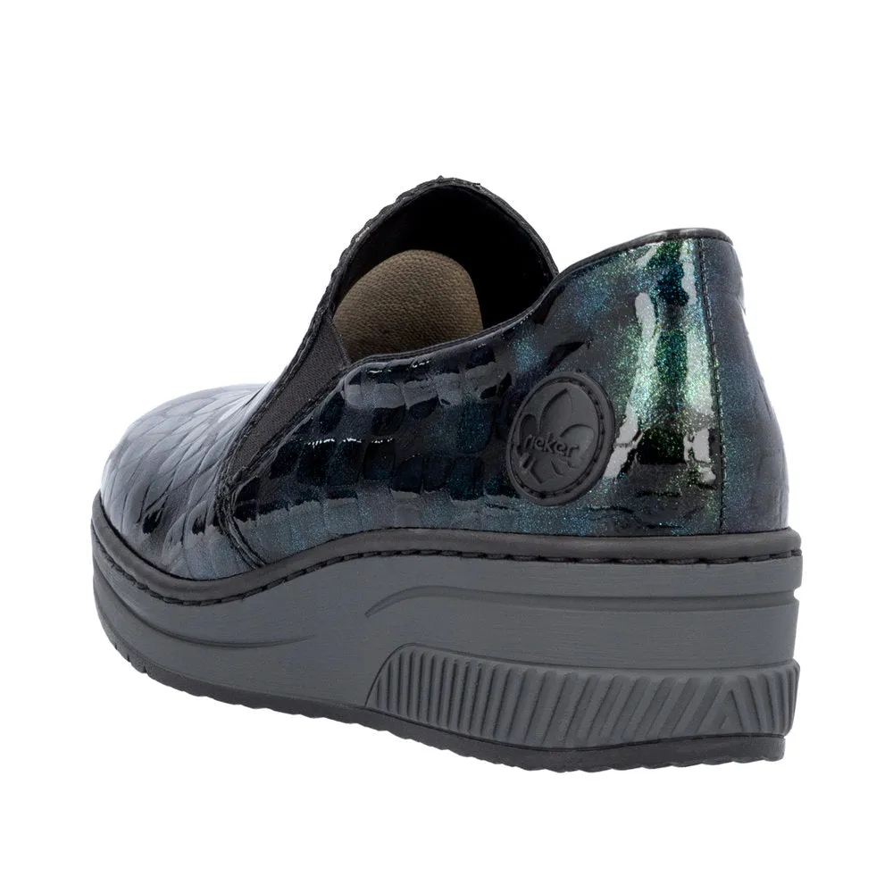 Ladies Rieker Blue/Green Patent Shoe Wedge Heel Slip-on 48752-92 sale