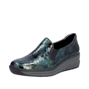 Ladies Rieker Blue/Green Patent Shoe Wedge Heel Slip-on 48752-92 sale