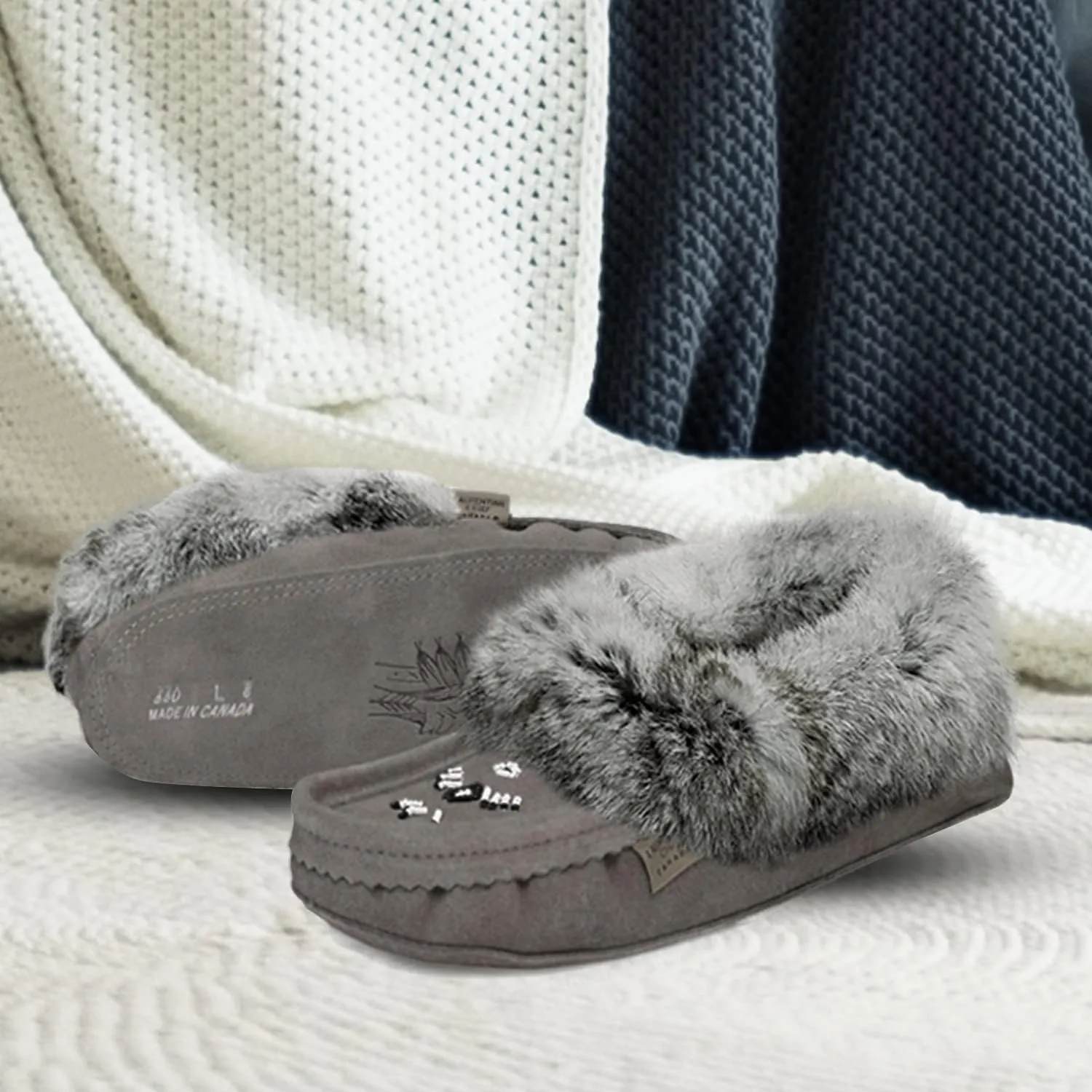 Laurentian Chief Moccasin Slippers for Women  Ladies Comfortable Slippers with Real Rabbit Fur Trim and Soft Faux Lining  Canada Quality Beaded Style Warmie Shoes for House Indoor