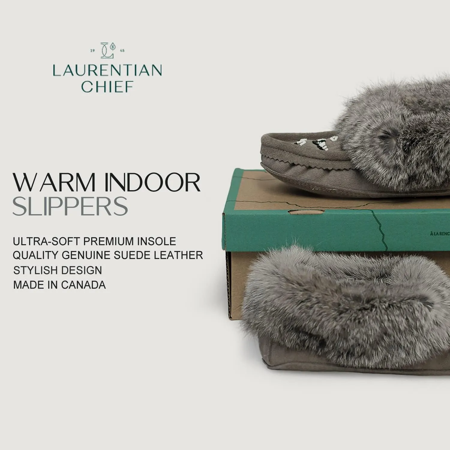 Laurentian Chief Moccasin Slippers for Women  Ladies Comfortable Slippers with Real Rabbit Fur Trim and Soft Faux Lining  Canada Quality Beaded Style Warmie Shoes for House Indoor