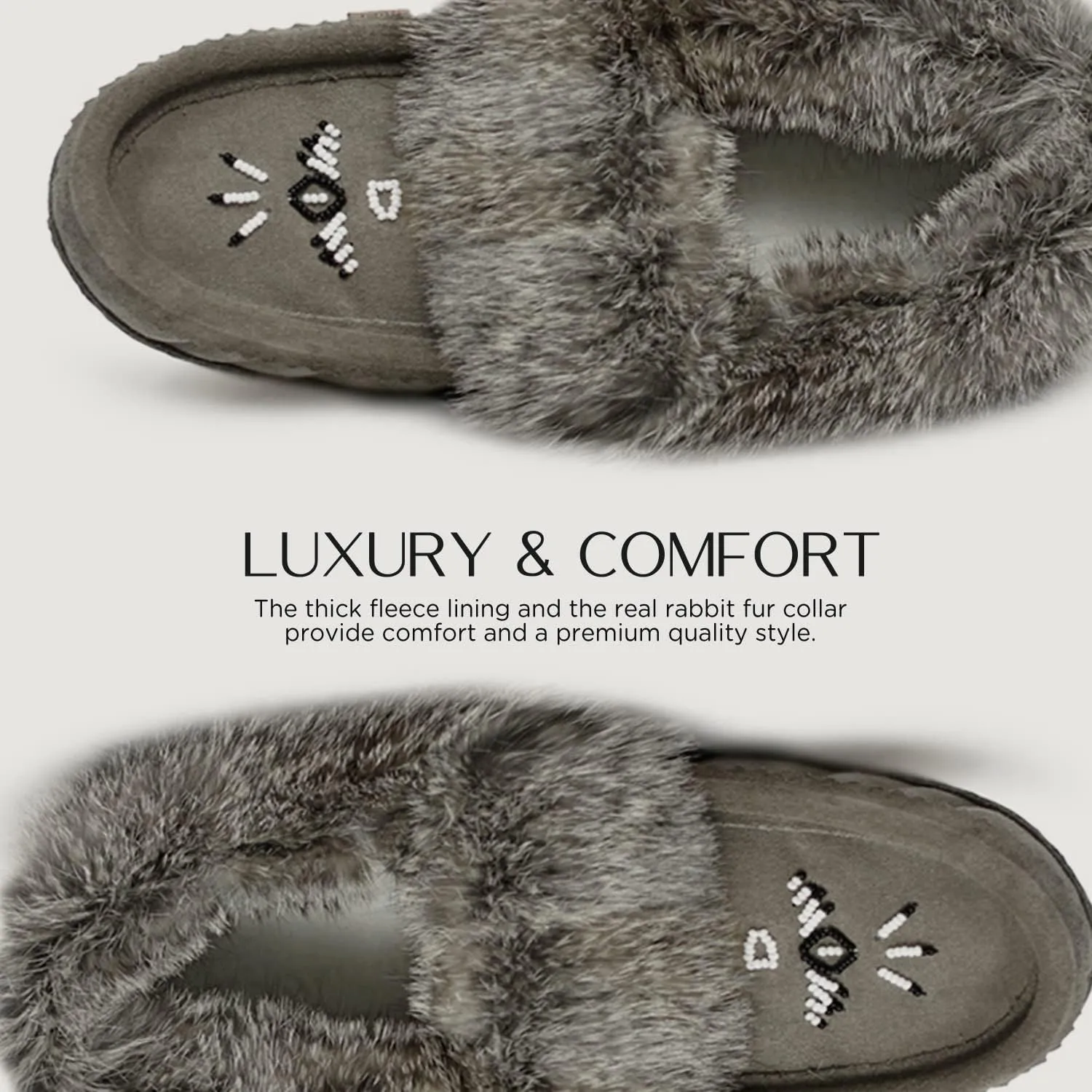 Laurentian Chief Moccasin Slippers for Women  Ladies Comfortable Slippers with Real Rabbit Fur Trim and Soft Faux Lining  Canada Quality Beaded Style Warmie Shoes for House Indoor
