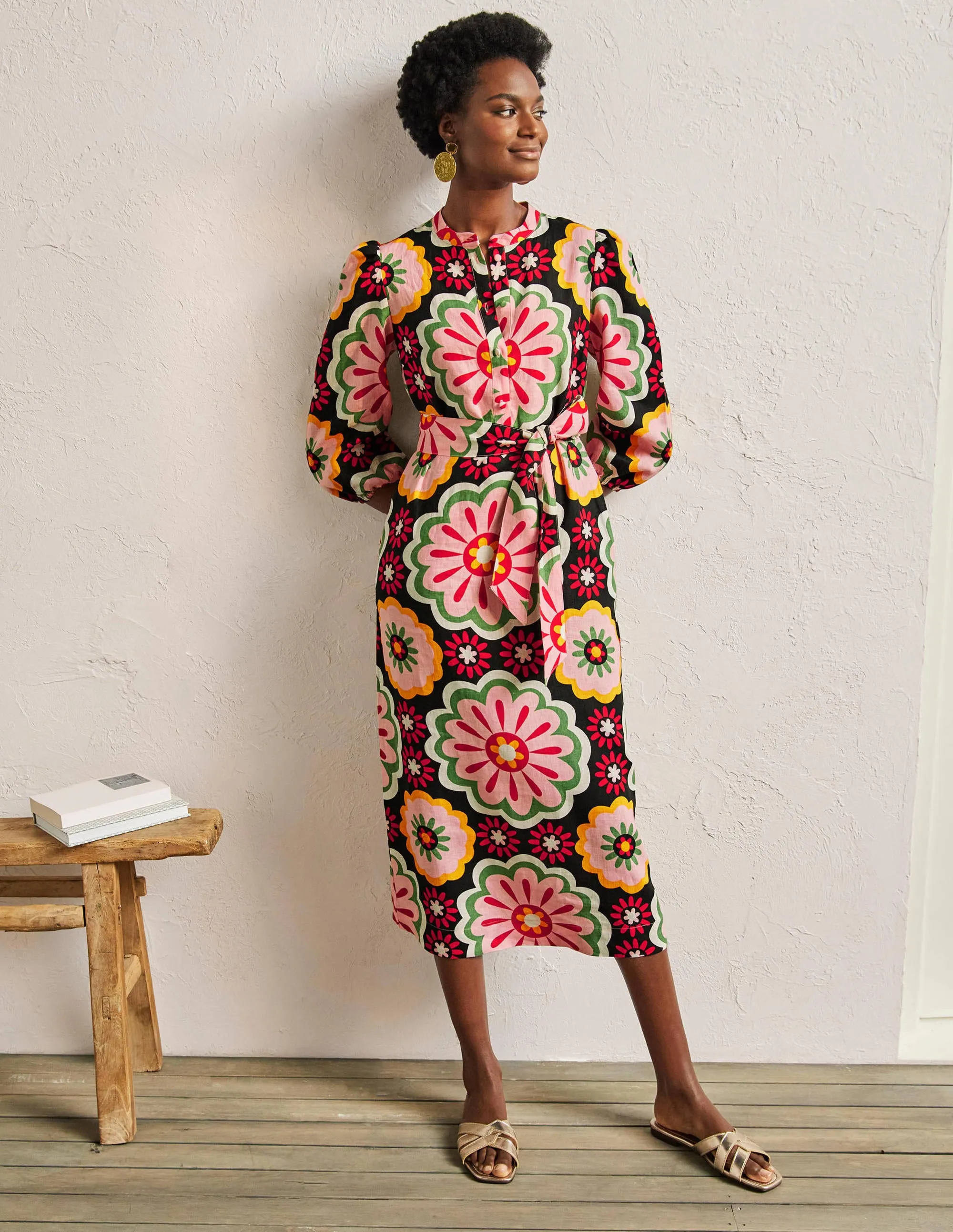 Linen Midi Shirt Dress-Black, Opulent Daisy