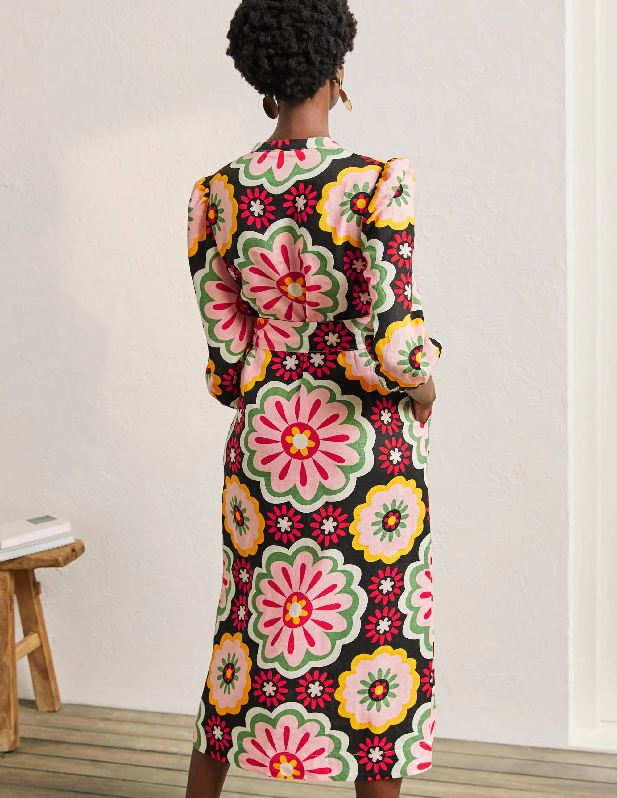 Linen Midi Shirt Dress-Black, Opulent Daisy
