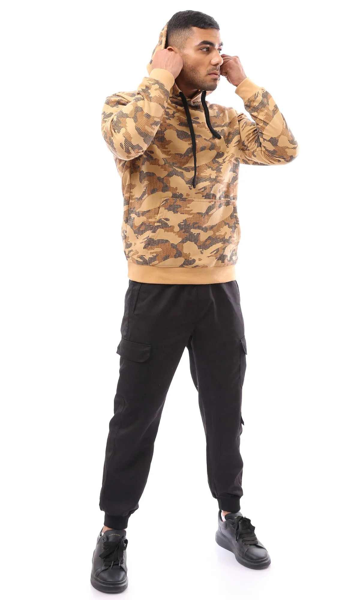 O172350 Hooded Neck With Drawstring Camouflage Hoodie - Camel