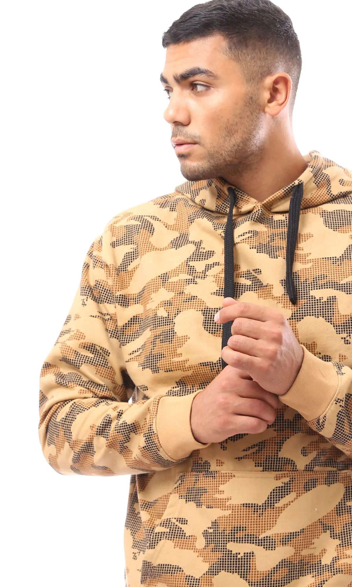 O172350 Hooded Neck With Drawstring Camouflage Hoodie - Camel