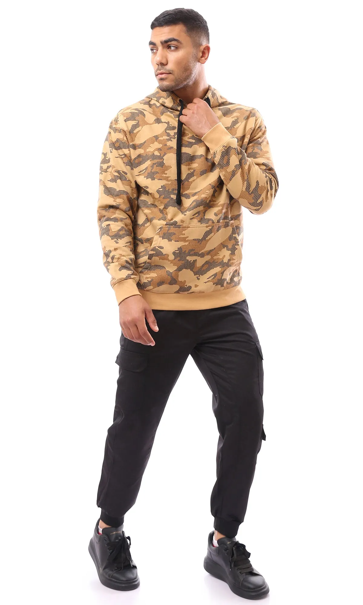 O172350 Hooded Neck With Drawstring Camouflage Hoodie - Camel