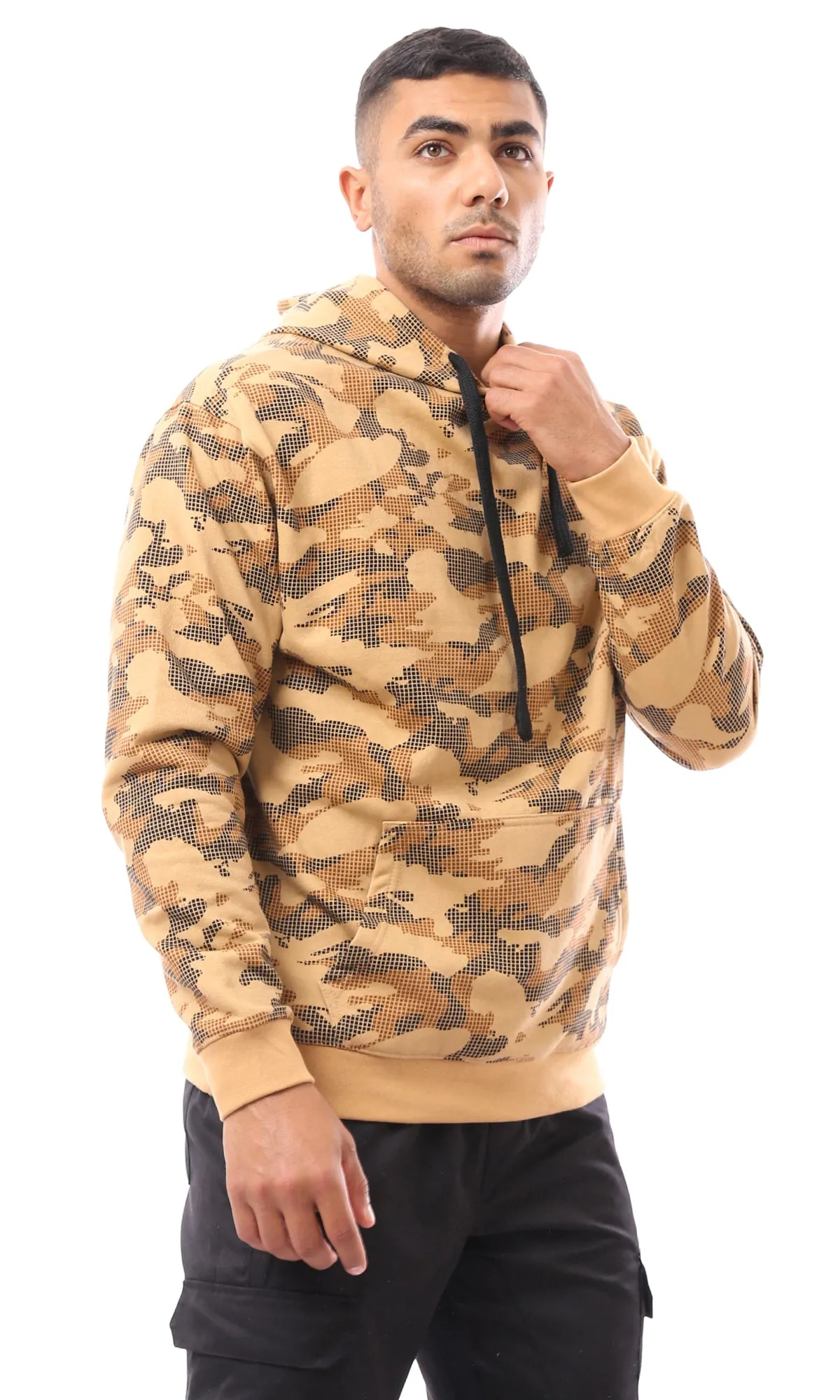 O172350 Hooded Neck With Drawstring Camouflage Hoodie - Camel