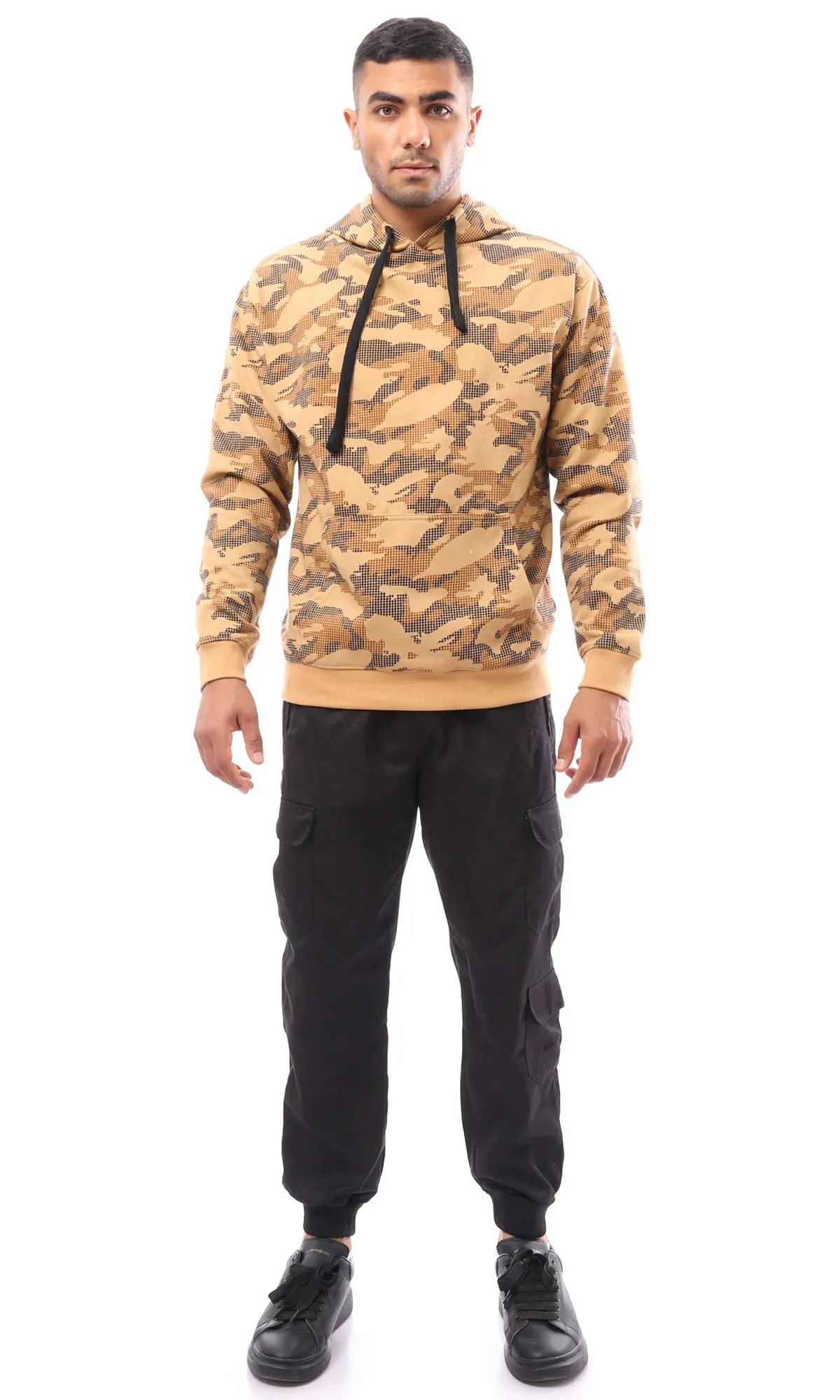 O172350 Hooded Neck With Drawstring Camouflage Hoodie - Camel