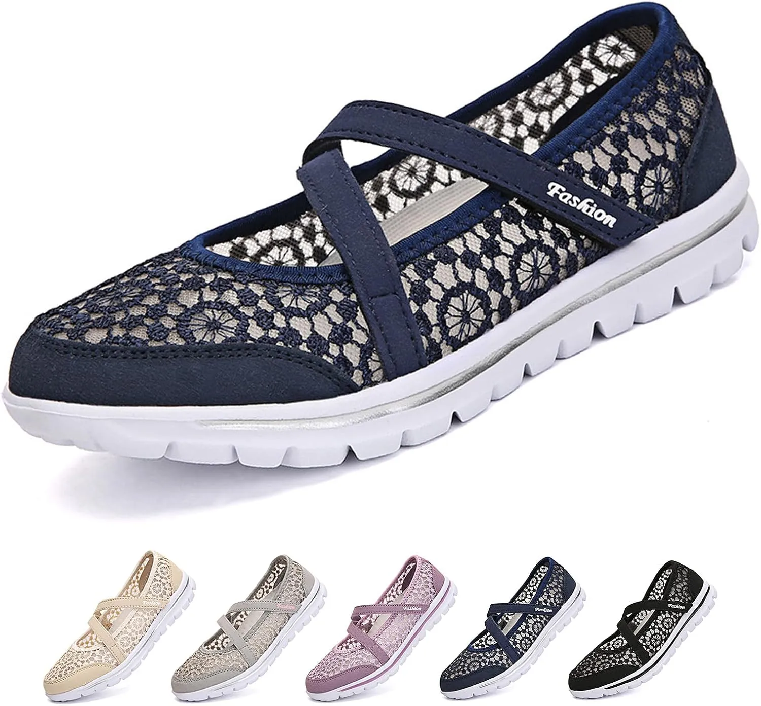 Optigard Women's Lace Mesh Adjustable Breathable Flat Walking Shoes Casual Non-Slip Lightweight Sneakers Comfortable Slip-On Shallow Mouth Mom Shoes Nurse Working Shoes Mary Jane Shoes