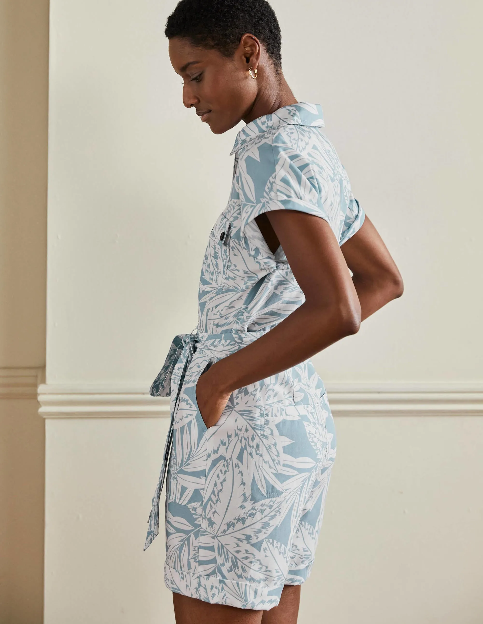 Pocket Detail Playsuit-Mountain Spring, Exotic Leaves