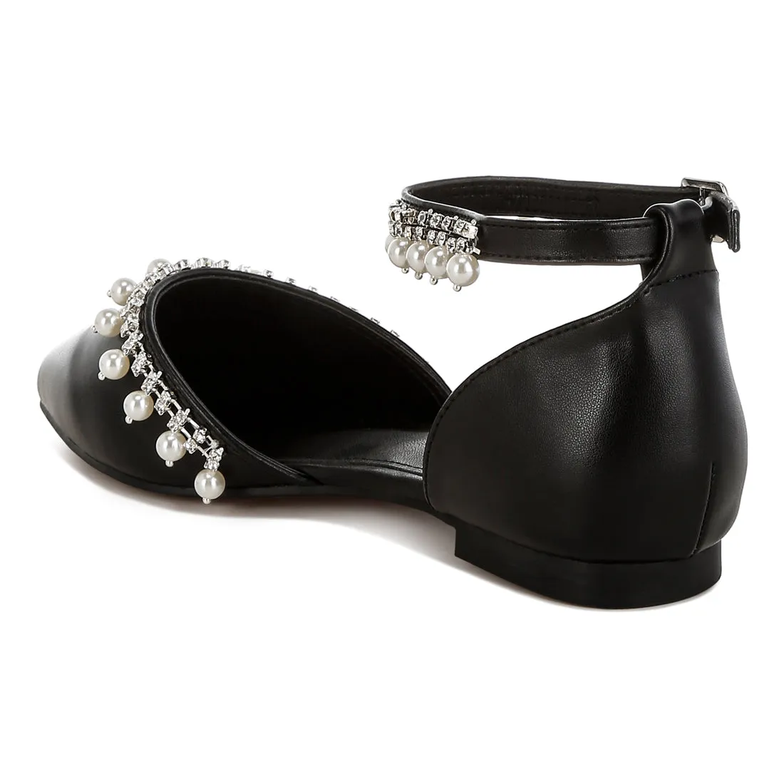 Rhinestone & Pearl Ankle Strap Flat Sandals