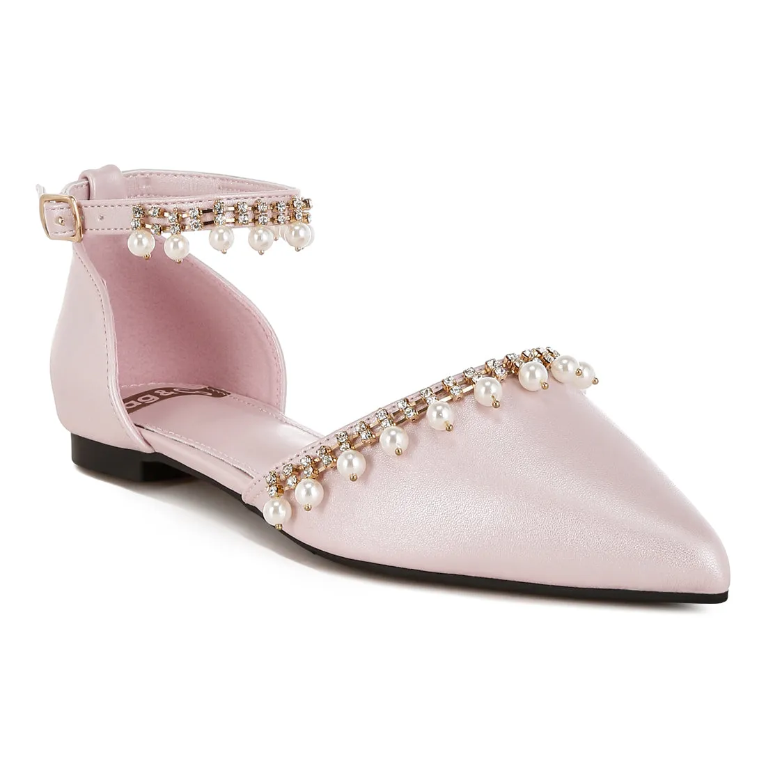 Rhinestone & Pearl Ankle Strap Flat Sandals