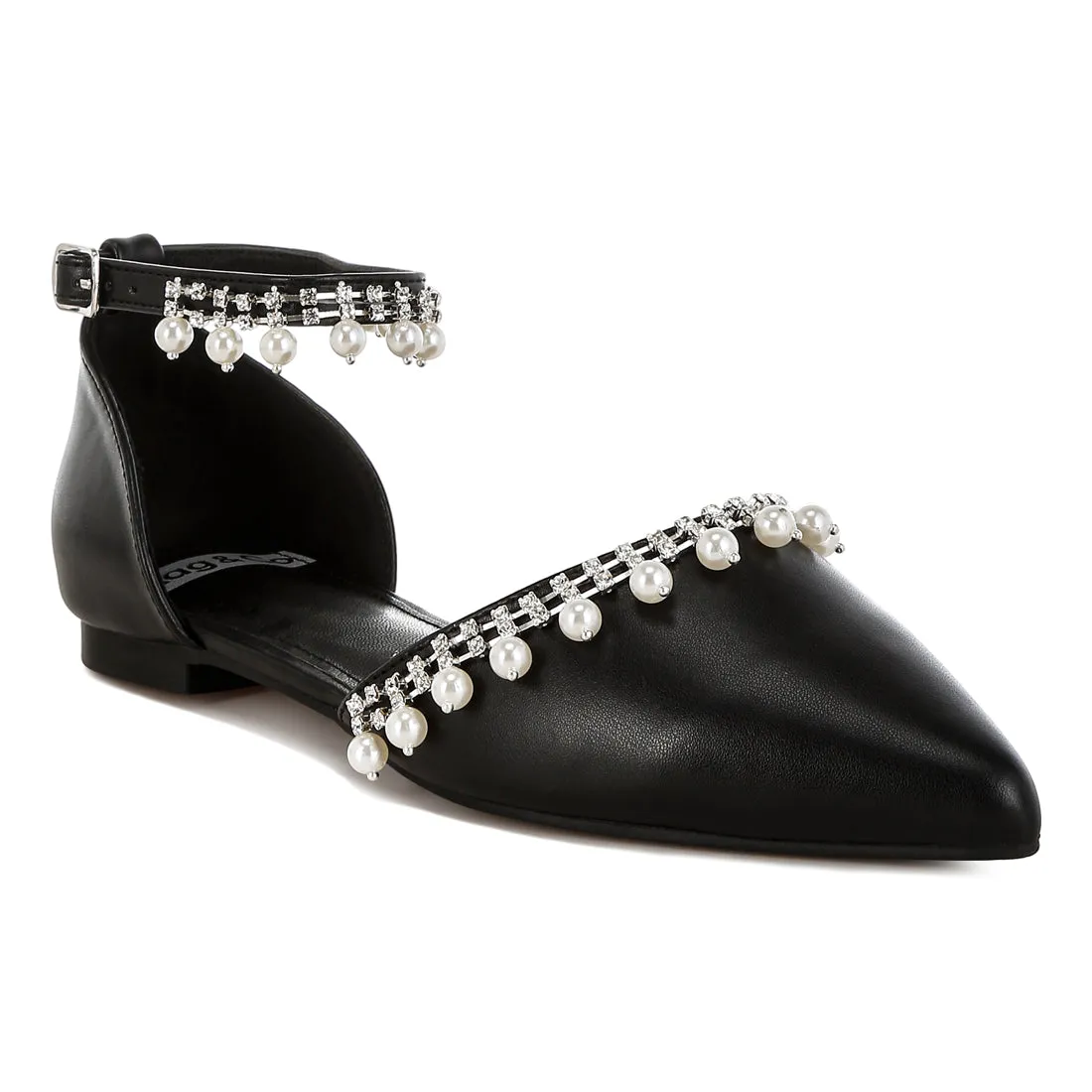 Rhinestone & Pearl Ankle Strap Flat Sandals