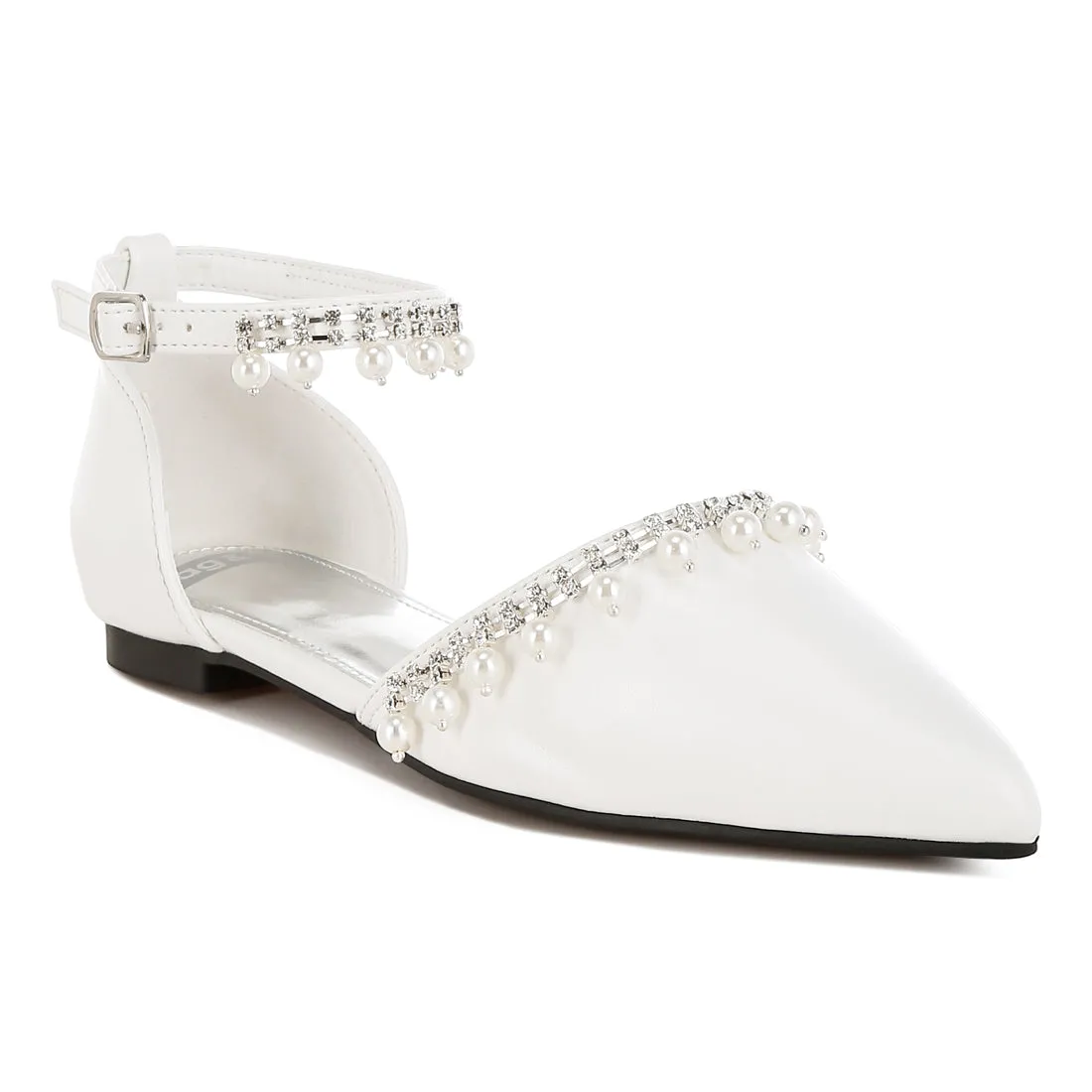 Rhinestone & Pearl Ankle Strap Flat Sandals