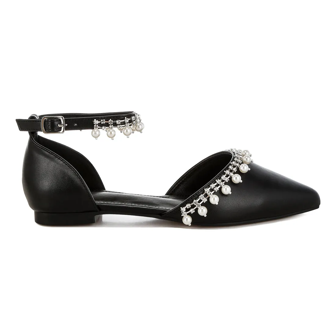 Rhinestone & Pearl Ankle Strap Flat Sandals