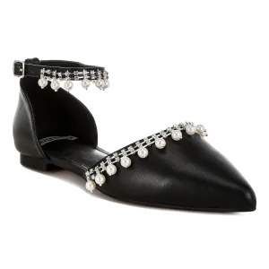 Rhinestone & Pearl Ankle Strap Flat Sandals