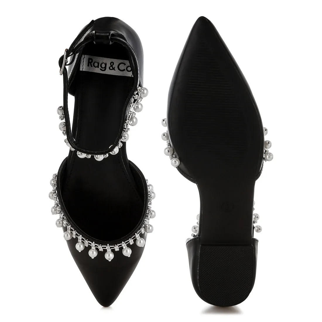 Rhinestone & Pearl Ankle Strap Flat Sandals