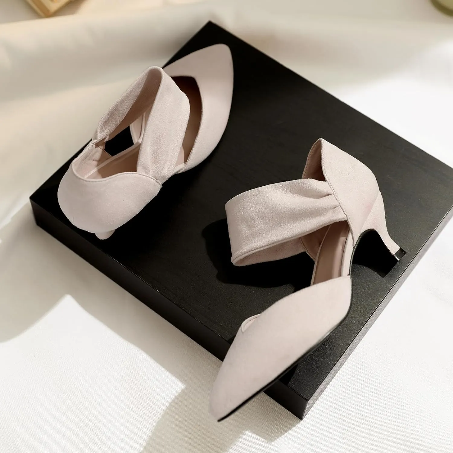 RIBONGZ Kitten Heels for Women Closed Toe Comfortable Low Heels Pointed Toe Sexy Slip on Pumps Bridal Party Dressy Shoes