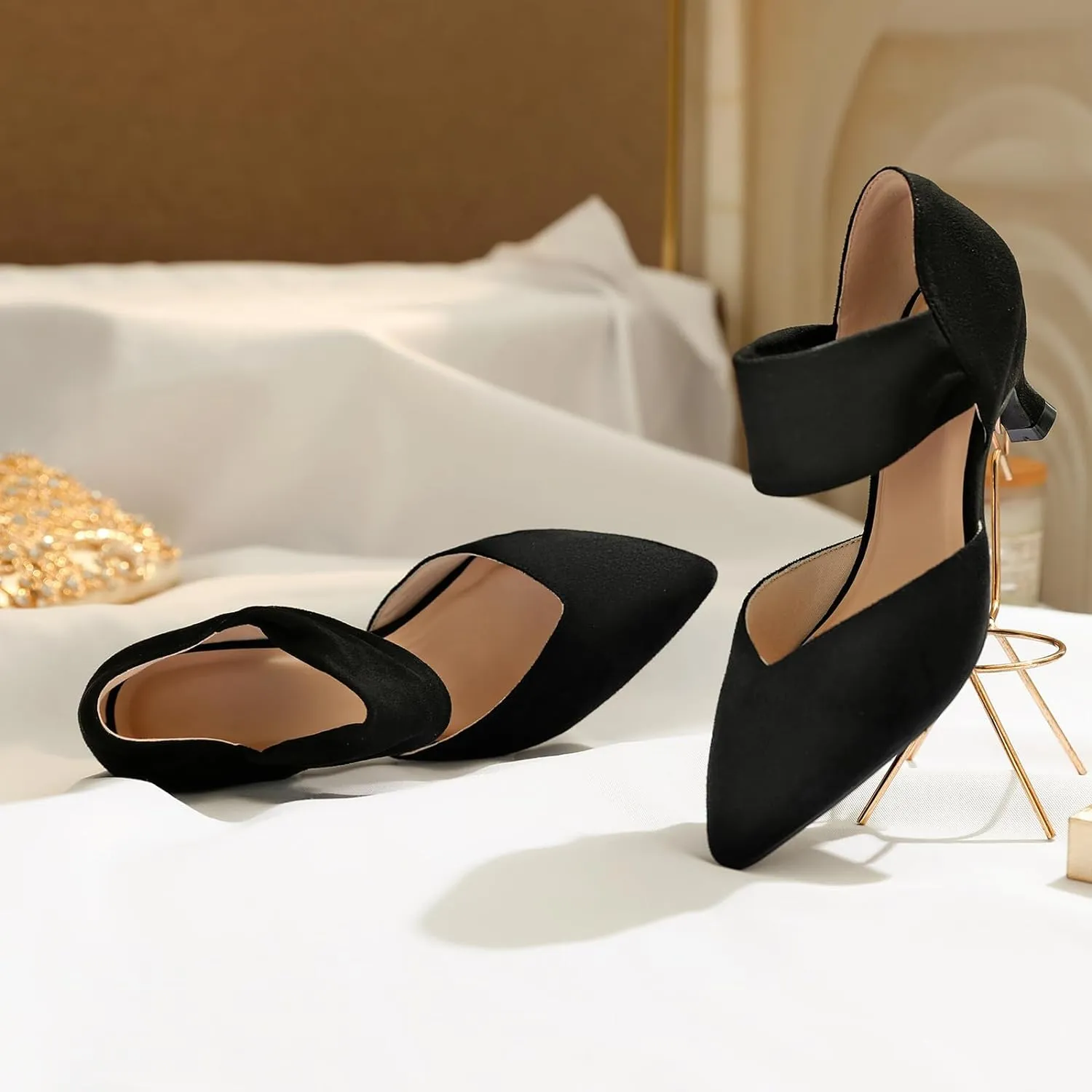 RIBONGZ Kitten Heels for Women Closed Toe Comfortable Low Heels Pointed Toe Sexy Slip on Pumps Bridal Party Dressy Shoes