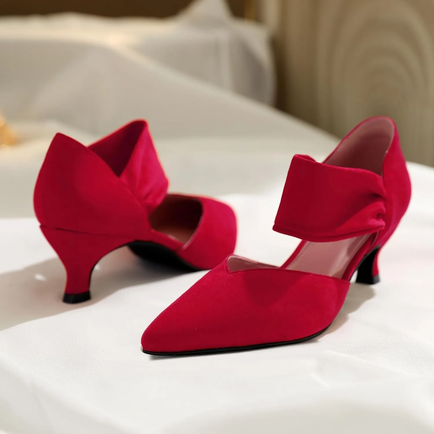 RIBONGZ Kitten Heels for Women Closed Toe Comfortable Low Heels Pointed Toe Sexy Slip on Pumps Bridal Party Dressy Shoes