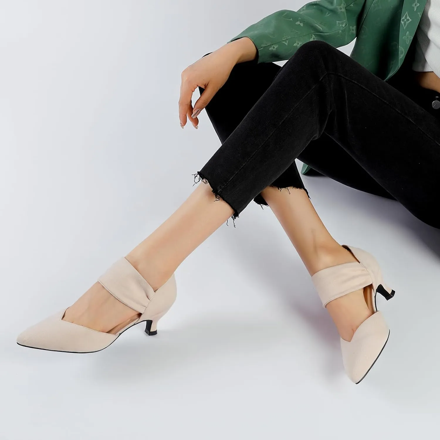 RIBONGZ Kitten Heels for Women Closed Toe Comfortable Low Heels Pointed Toe Sexy Slip on Pumps Bridal Party Dressy Shoes