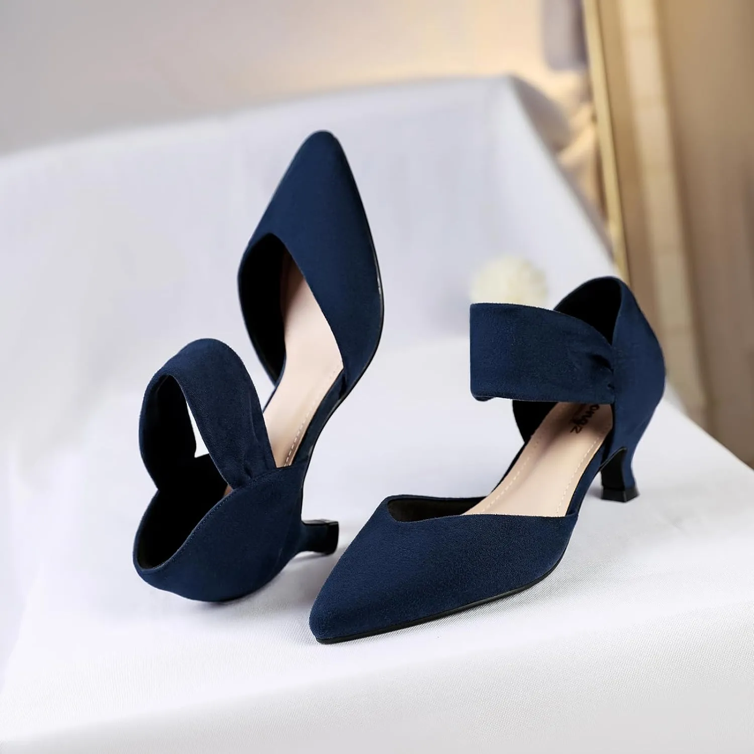 RIBONGZ Kitten Heels for Women Closed Toe Comfortable Low Heels Pointed Toe Sexy Slip on Pumps Bridal Party Dressy Shoes