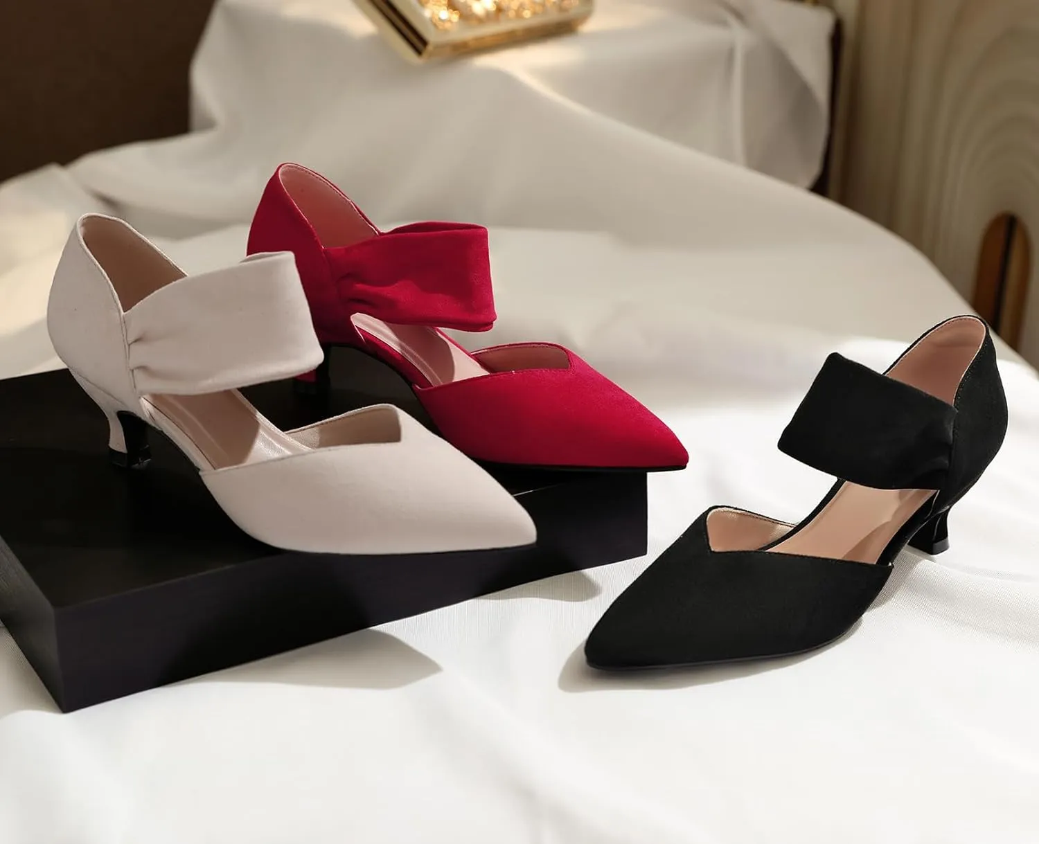 RIBONGZ Kitten Heels for Women Closed Toe Comfortable Low Heels Pointed Toe Sexy Slip on Pumps Bridal Party Dressy Shoes