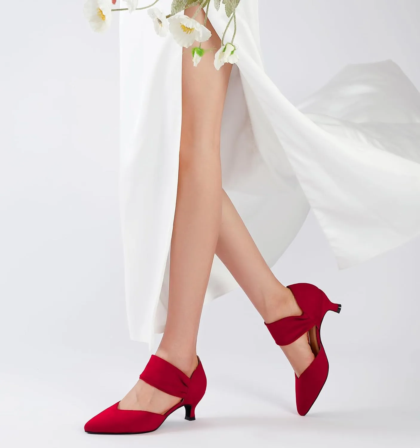 RIBONGZ Kitten Heels for Women Closed Toe Comfortable Low Heels Pointed Toe Sexy Slip on Pumps Bridal Party Dressy Shoes