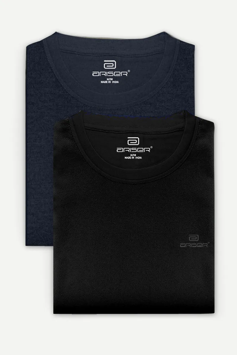 Round Neck - Black and Navy Blue Solid T-Shirt Pack Of 2 Combo For Men | Ariser