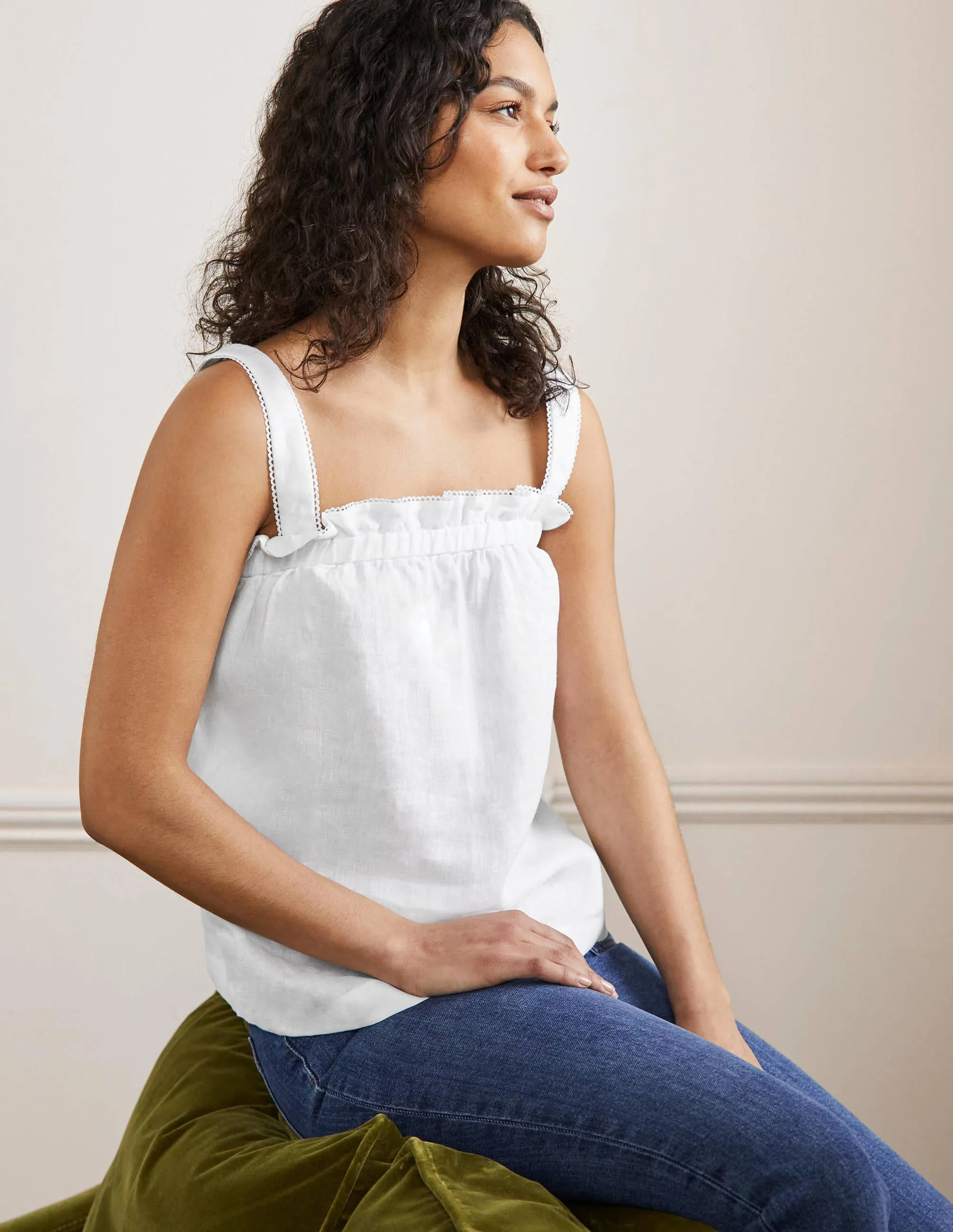 Ruffle Detail Linen Top-White