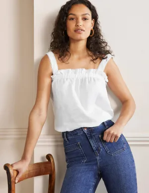 Ruffle Detail Linen Top-White