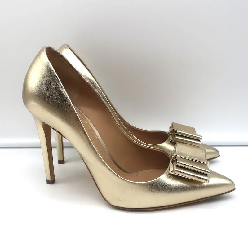 Salvatore Ferragamo Zeri X5 Bow Pumps Gold Metallic Leather Size 7.5 C