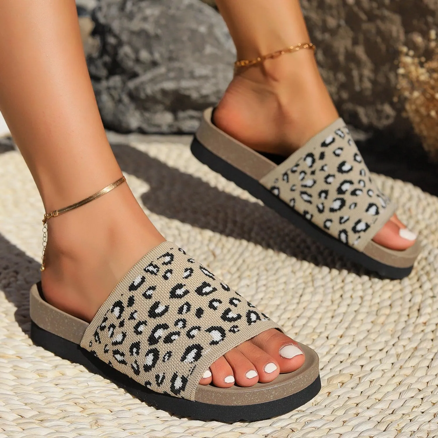 Single Strap Leopard Print Flat Sandals