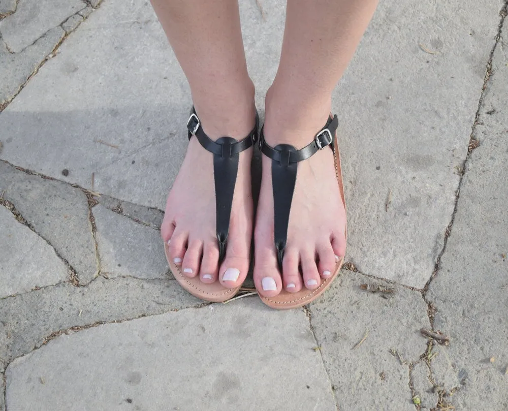 T sandals, T-strap sandals, T bar sandals, women sandals, Black handmade sandals, Sandals, High quality Genuine Leather, SKOPELOS
