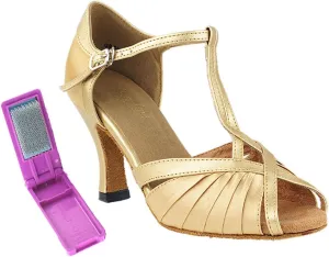 Very Fine Ballroom Latin Tango Salsa Dance Shoes for Women - 2707-2.5 Inch Heel and Foldable Dance Shoe Brush Bundle - Light Brown Satin - Size - 10