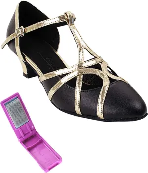 Very Fine Dance Shoes - Ladies Practice, Cuban Low Heel, Waltz Ballroom Dance Shoes - SERA3541-1.2-inch Heel and Foldable Brush Bundle - Black Leather - Light Gold Trim - 10