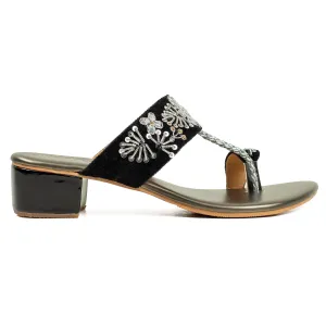 Vibrant Ladies Black & Silver Embroidered Mid-Heel Sandal – Elegant & Comfortable Block Heel